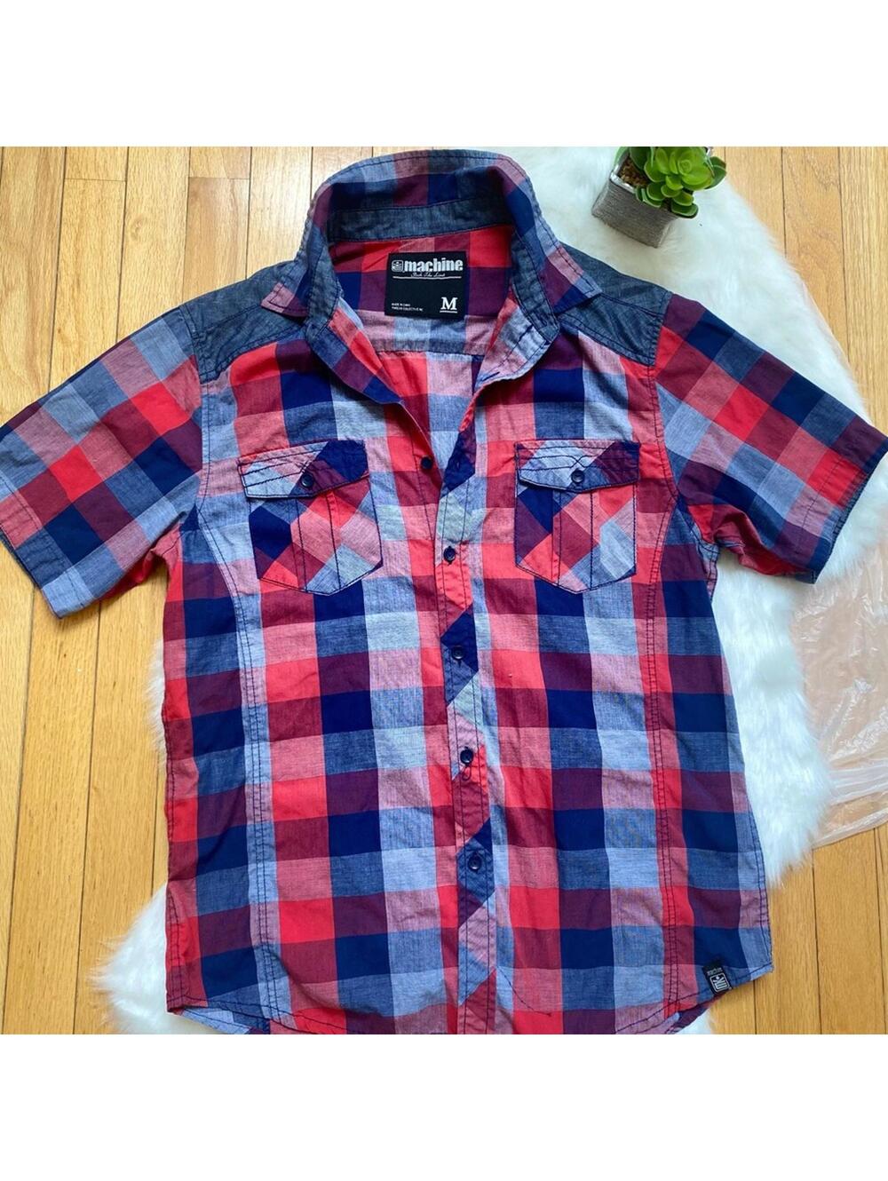 Machine Men's Medium Short Sleeve Plaid Button-Up Shirt